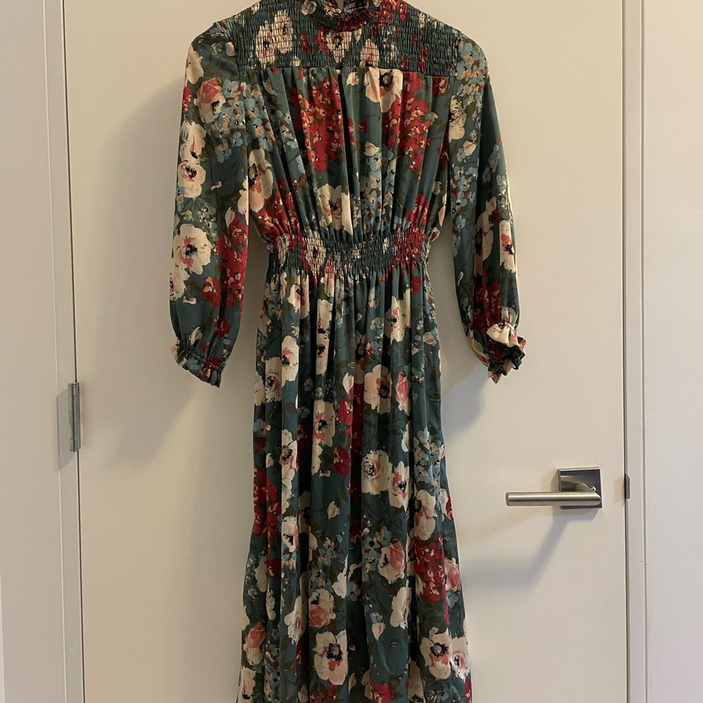 Zara Floral Long Sleeve Dress - Red and Green